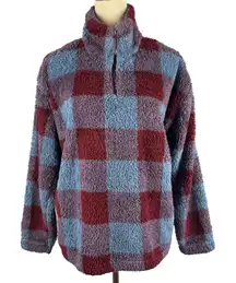 Eddie Bauer Women's Large Plaid Fuzzy Fleece Quarter Zip Pullover‎ Sweatshirt