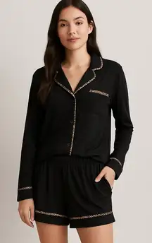 Victoria’s Secret Heavenly Black Pajama Set Leopard Trim Button Top Shorts S
