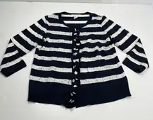 Exclusively Misook Striped Navy Blue‎ White Medium Ruffle Snap Front Cardigan