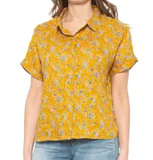 Rachel Zoe Golden Yellow Floral Button Down 100% Linen Short Sleeve Top Size XS