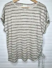 Caslon Women's Beige Striped Short Sleeve Drawstring T-Shirt Size L in Oatmeal