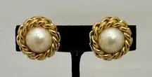 Signed Gold Tone Faux Iridescent Pearl Clip on Earrings