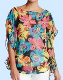 Vertigo Semi-Sheer Vibrant Floral Drawstring Cinched Sides Top Or Swim Cover XL