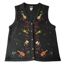Vtg Southern Lady Womens Sweater Vest M Black Music Notes Trumpet Drum Christmas