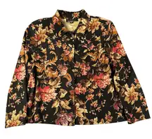 Vtg‎ Briggs New York Womens PL Button Up Black Floral Fall Shirt Long Sleeve