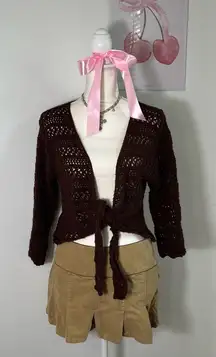 Vintage Y2K Mixit Chocolate Brown Crochet Knit Tie‎ Front Cardigan Sweater L/XL