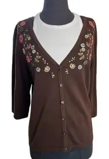 Christopher & Banks L Woman's Beautifully Embellished V-neck Brown Cardigan