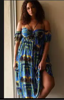 Anthropologie Incerti bright blue green and yellow strappy bandeau dress. XL