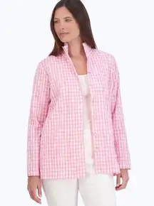 Women’s Foxcroft pink and white gingham buttoned-down long-sleeve shirt, sz 6