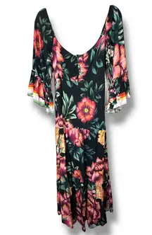 FARM Rio Floral Sweetheart Neck Flutter Short Sleeve Tiered Sundress Maxi Dress