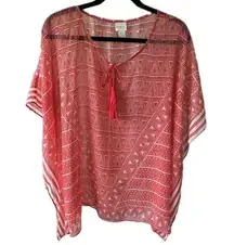 Chico's Sheer Geometric Tassel Summer Cover Up Stripe Batwing Poncho S/M