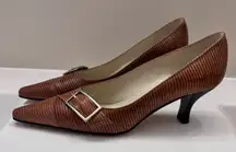 Talbots Brown Lizard Print Leather Pointed Toe Kitten Heel Pumps 5.5M VTG office
