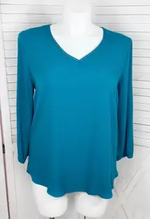 Fortune + Ivy Cutout Back Tie Eyelet Trim Blouse Teal‎ Blue Size Large