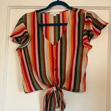E & M striped button down cropped top with a tie at the bottom