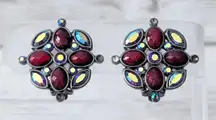 Vintage Clip On Earrings Red & Iridescent Dark Tones - Some Small Gems Missing