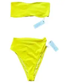 FRANKIES BIKINIS Yellow Jean Bandeau Strapless Bikini Swim Top + Bottom, Large