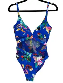 La Blanca One Piece Mesh Cutout Swimsuit in Havana Blue Floral - US Size 10