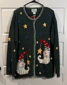 VTG Women's Quacker Factory Christmas Moons Long Sleeve Button-Up Sweater Large