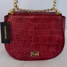 New Bebe Michelle Mini Saddle Red Croc-Embossed Chain Shoulder Bag-New With Tags