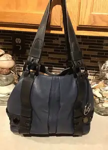 Michael Kors Leather Harness Luggage Grab Bag Satchel Tote Navy Blue