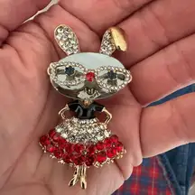 Twee Bunny Rabbit With Glasses Brooch With Colorful Stones