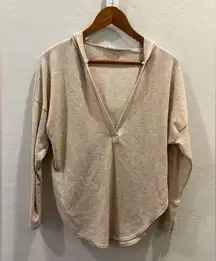 HONEY PUNCH Womens Beige Pullover V-neck Hooded Longsleeve Oversize Shirt Small