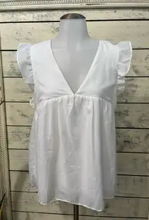 NWT Mustard Steed White Ruffle Sleeve V-Neck Baby Doll Top Size Small