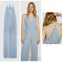 ZARA  Basic Light Blue Surplice Wide Leg Loose Sexy Back Jumpsuit Size M