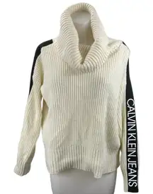 Calvin Klein Jeans Cream Ribbed Knit Long Sleeve Cowl Neck Sweater Top Size L