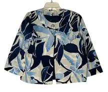 Chico's Ice Garden Frannie Ink White Blue Silk Cotton Sequin Blazer Size L 12