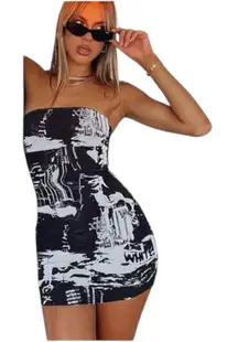 White Fox Get Closer Black /‎ White Graphic Print Mesh Mini Tube Dress Size XL
