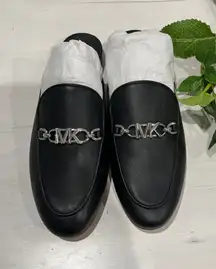NEW Michael Kors Black Leather‎ Mules Slides Loafers Size 6M Silver MK Chain