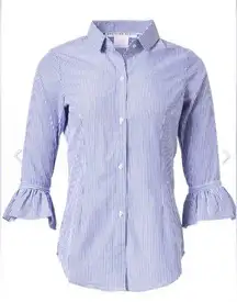 Gretchen Scott Blue & White Striped Ruffle Sleeve Poplin Oxford Priss Blouse - S