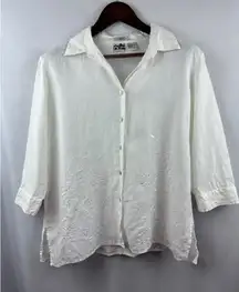 Women’s Edward XL Irish Linen Shell Button Up White Floral Embroidery 3 Quarter
