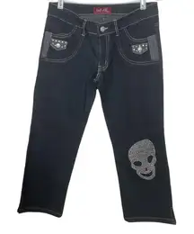 Y&F Deadstock Y2K Dark Wash Low Rise Capri Jeans Skull and Rhinestone Size 1/2