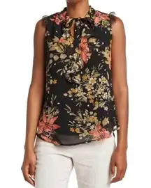 T Tahari Top Womens Small Black Floral Burst Print Sleeveless Tie Neck Blouse