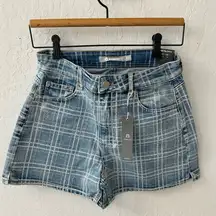 Tractr Checker Gingham Plaid High Rise Slim Blue Denim Shorts 4/27