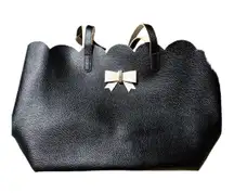 Beauty Sense Black Pebble Purse Tote NWOT double handles scalloped top