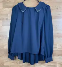 Esley Size Small Navy Blue Dressy Blouse with Long Sleeves & Pleated Back