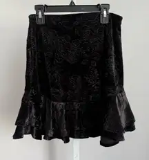 AQUA Black Velvet Floral Embossed Ruffle Mini Skirt sz S Witchy Goth