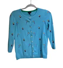 Talbots Womens‎ Size Small Toucan Bird Cardigan Blue 3/4 Sleeve
