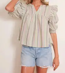 dRA Jancis Ruffle Sleeve Top Striped Blouse V Neck 3/4 Sleeve‎ Colorful Small