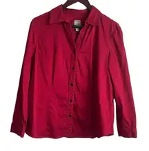 Chicos Women Top L Red‎ Black Polka Dot Cotton Button Up Casual Workwear Office