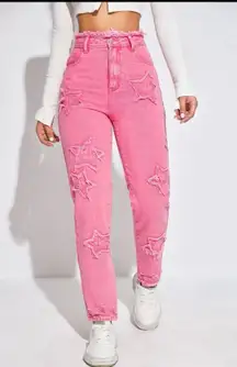 Pink Embroidered Star Mom Jeans