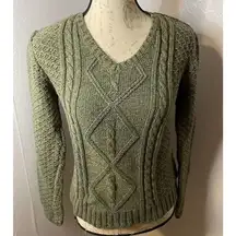 CABELA'S Thick Cable Knit Long Sleeve V Neck Sweater Women’s XSmall Green Cotton