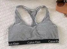 Calvin Klein Ck V neck padded cotton classic logo striped blk white racer back comfy bra med