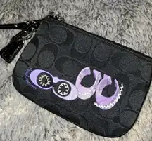 COACH Signature Corner Zip Wristlet Bag Black Jacquard Fabric Purple Graphics