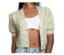 Bohme Light Green Pale Green Pom Pom Crop Cardigan Sweater Size Small