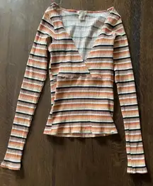 Billabong Long Sleeve Ribbed Cropped Top Deep V-neck Striped Size XS