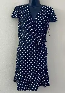 NWT XHILARATION WOMENS RUFFLED BLACK W WHITE POLKA DOT WRAP DRESS SIZE L